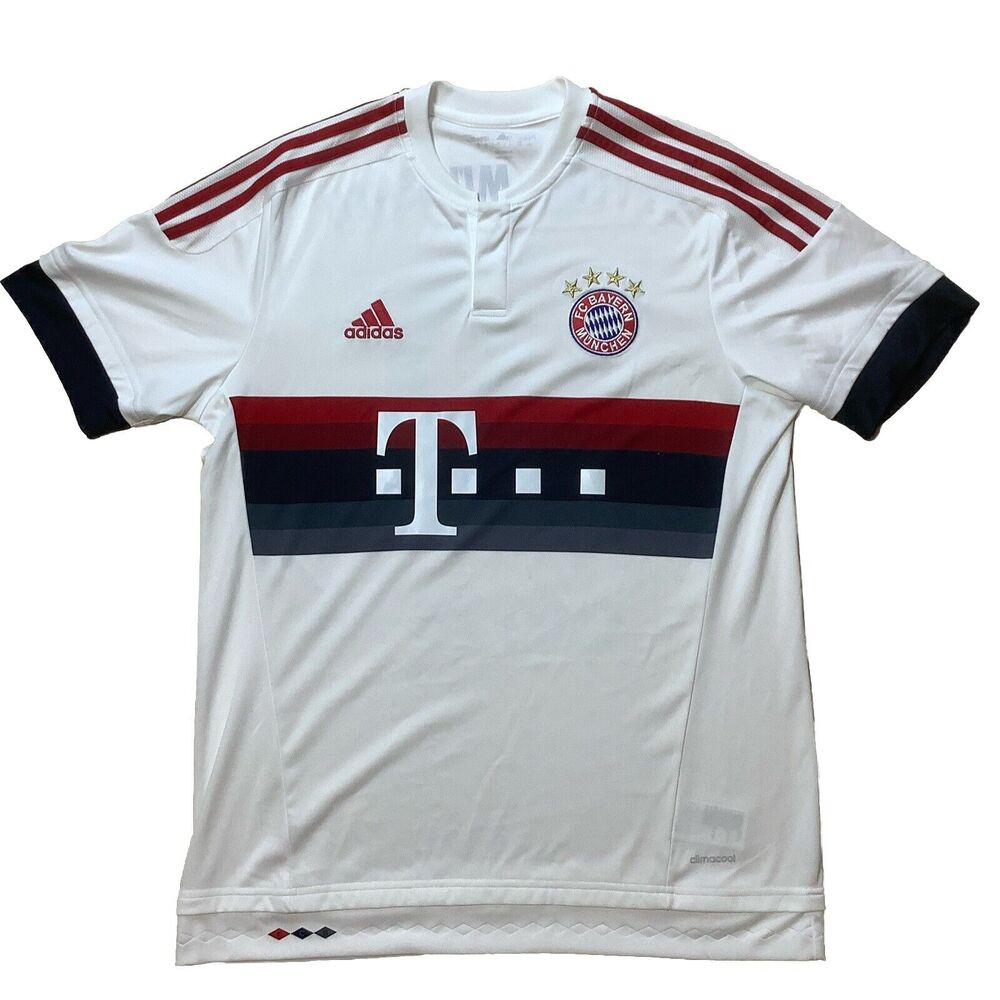 Bayern Munich 2015-16 Away Soccer Jersey Adidas Men’s LARGE #19 Gotze, T-Mobile